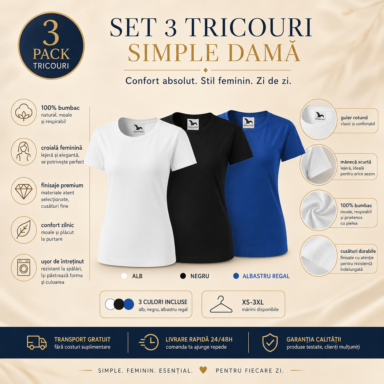 Set 3 tricouri damă 100% bumbac casual clasic alb negru albastru regal transport gratuit